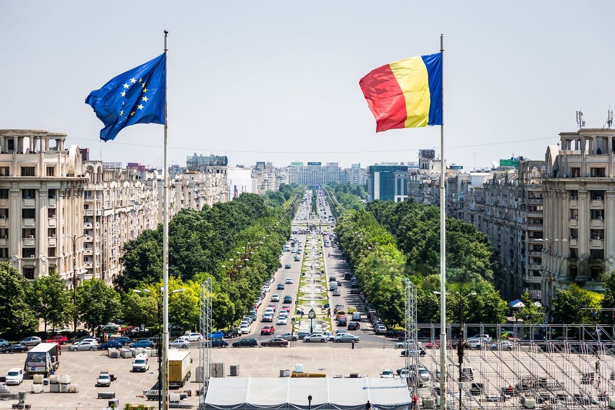 Bucharest with the Romanian and EU flags